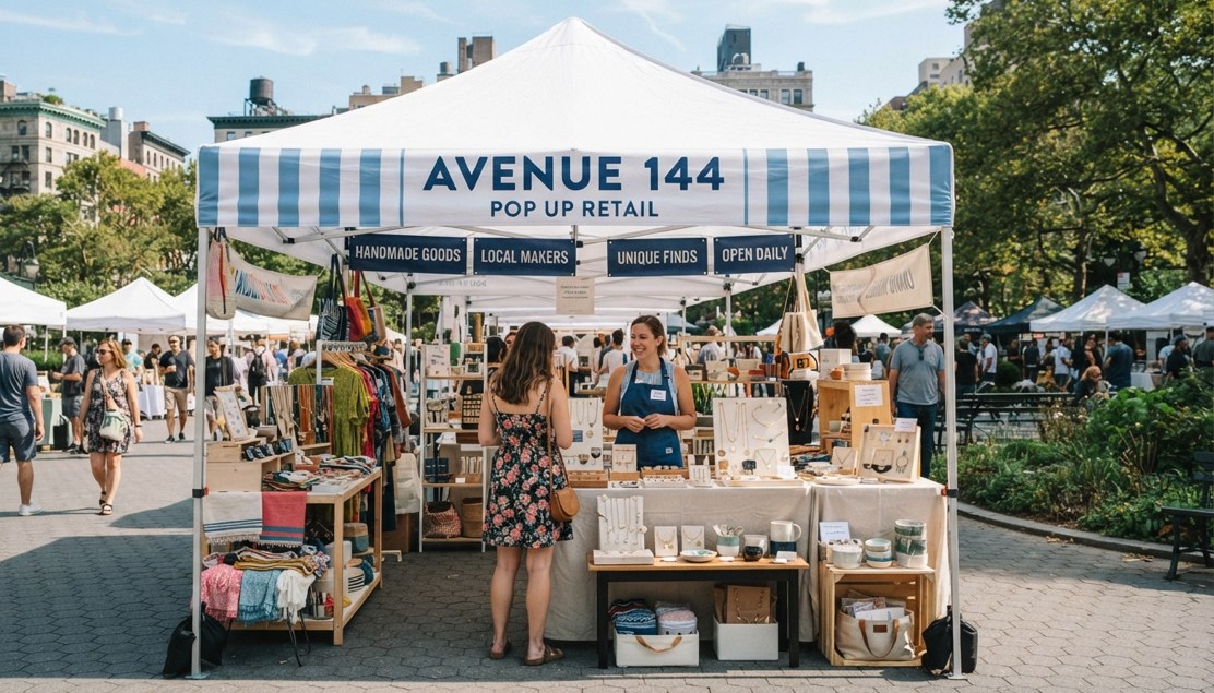 The Avenue 144 canopy pop-up on a city plaza